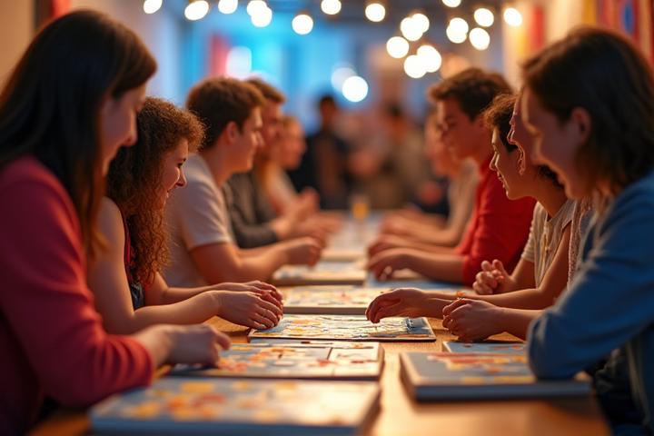 Diverse group of people actively engaged in a board game at a local community event
