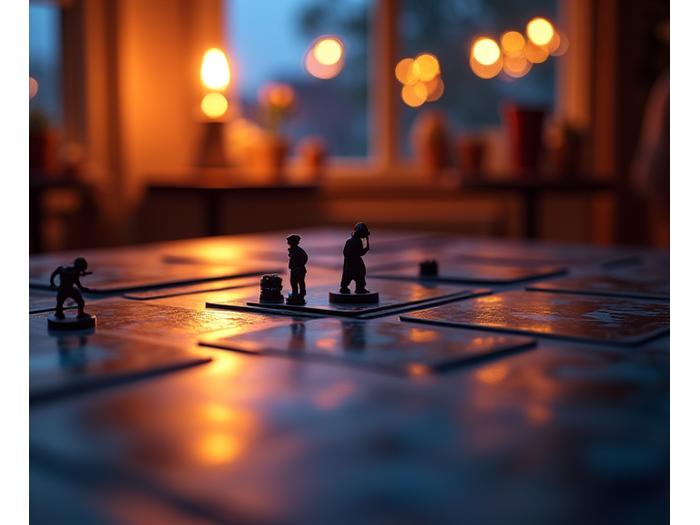 Warm, ambient lighting in a game room highlighting miniature figures and card art on a game table, creating a cozy atmosphere