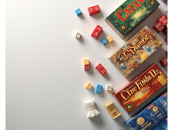 A starter board game bundle with 3-4 popular gateway games, a set of premium dice, and card sleeves