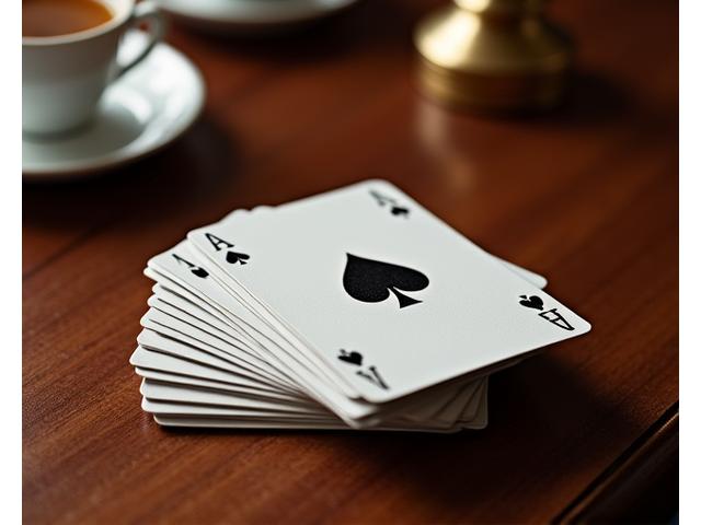 A set of traditional bridge-sized playing cards on a varnished wooden table, with elegant, subtle designs.