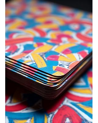 An open box of a vibrant, geometric-patterned cardistry deck, with some cards fanned out to show their eye-catching design.