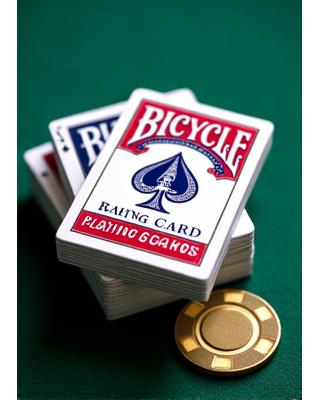 A stack of classic red and blue Bicycle playing card decks, with a golden poker chip in the foreground.