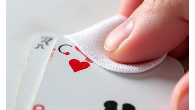 A soft microfiber cloth gently wiping the surface of a playing card to remove smudges.