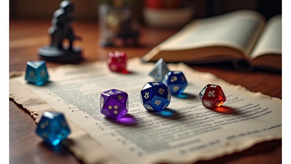 A diverse set of polyhedral dice scattered around a Dungeons & Dragons character sheet and miniature figures, evoking a classic RPG session.