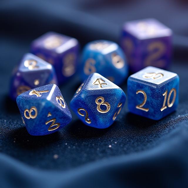 A dazzling set of blue and purple swirled resin polyhedral dice with gold flecks, resembling a nebula.