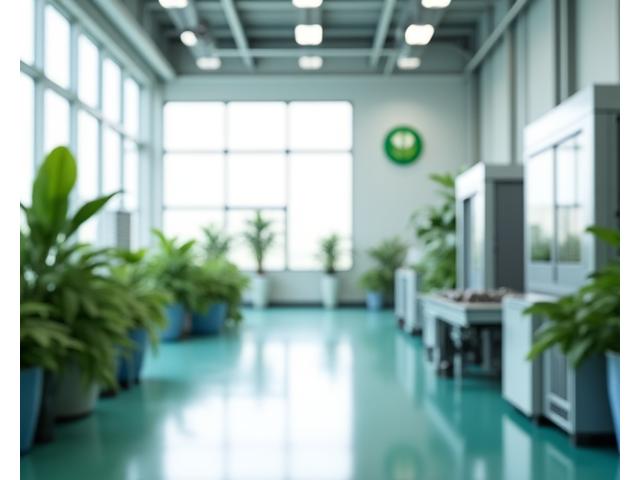 Clean, modern factory floor with machinery, bathed in sunlight, symbolizing sustainable production.