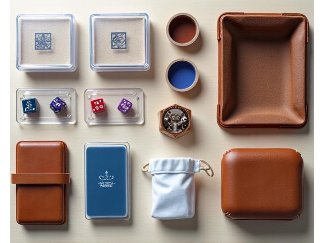 Gaming accessories including dice trays, card sleeves, and miniature cases organized on a shelf