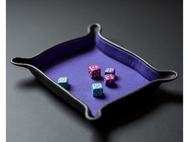Portable dice rolling tray made of faux leather with felt interior and snaps